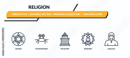 religion icons set - judaism, pastafarianism, doi suthep, buddhism, anglican outline vector collection.