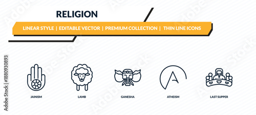 religion icons set - jainism, lamb, ganesha, atheism, last supper outline vector collection.