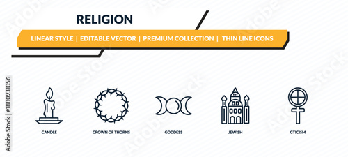 religion icons set - candle, crown of thorns, goddess, jewish, gticism outline vector collection.