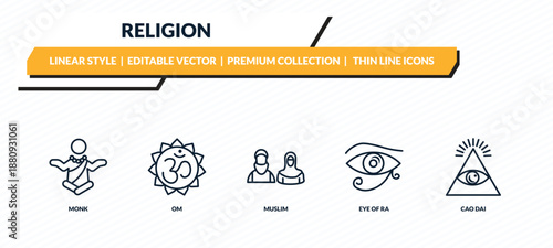 religion icons set - monk, om, muslim, eye of ra, cao dai outline vector collection.