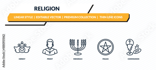 religion icons set - heresy, priest, menorah, pagan, communion outline vector collection.
