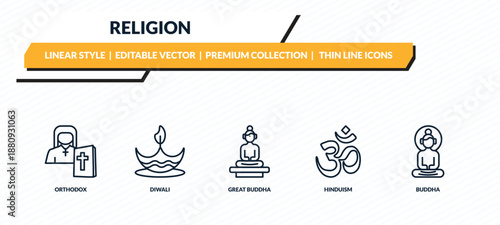 religion icons set - orthodox, diwali, great buddha, hinduism, buddha outline vector collection.