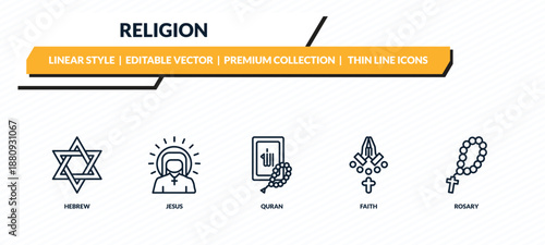 religion icons set - hebrew, jesus, quran, faith, rosary outline vector collection.