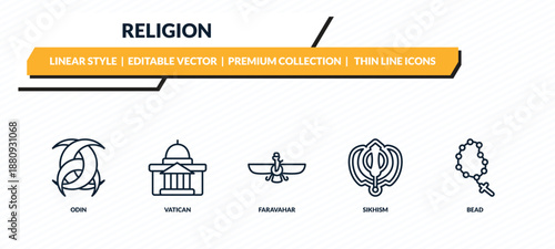 religion icons set - odin, vatican, faravahar, sikhism, bead outline vector collection.