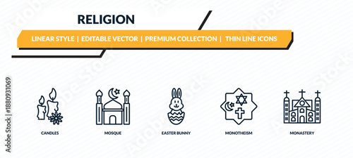 religion icons set - candles, mosque, easter bunny, monotheism, monastery outline vector collection.