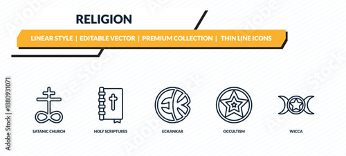 religion icons set - satanic church, holy scriptures, eckankar, occultism, wicca outline vector collection.