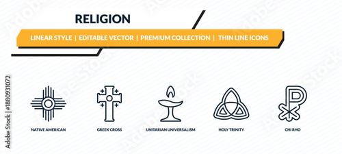 religion icons set - native american sun, greek cross, unitarian universalism, holy trinity, chi rho outline vector collection.