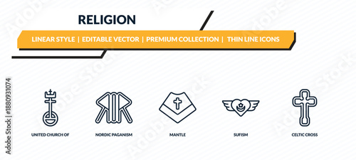 religion icons set - united church of christ, nordic paganism, mantle, sufism, celtic cross outline vector collection.