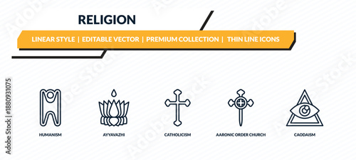 religion icons set - humanism, ayyavazhi, catholicism, aaronic order church, caodaism outline vector collection.