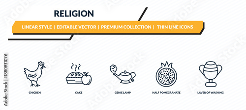 religion icons set - chicken, cake, genie lamp, half pomegranate, laver of washing outline vector collection.