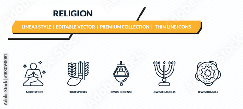 religion icons set - meditation, four species, jewish incense, jewish candles, jewish bagels outline vector collection.