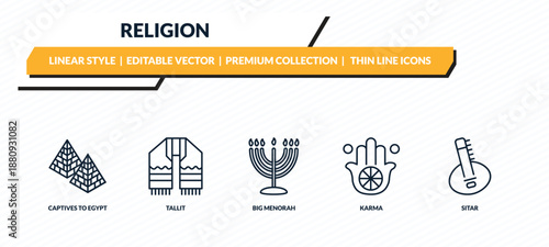 religion icons set - captives to egypt, tallit, big menorah, karma, sitar outline vector collection.