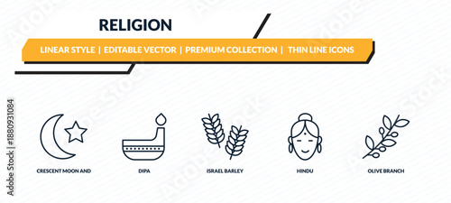 religion icons set - crescent moon and star, dipa, israel barley, hindu, olive branch outline vector collection.