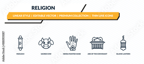religion icons set - mezuzah, sacred cow, henna painted hand, ark of the convenant, islamic lantern outline vector collection.