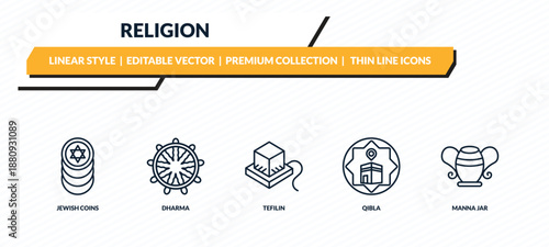 religion icons set - jewish coins, dharma, tefilin, qibla, manna jar outline vector collection.