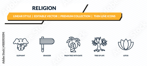 religion icons set - elephant, gragger, palm tree with date, tree of life, lotus outline vector collection.