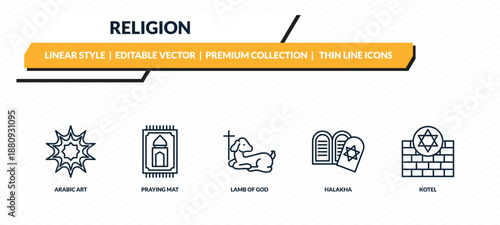 religion icons set - arabic art, praying mat, lamb of god, halakha, kotel outline vector collection.
