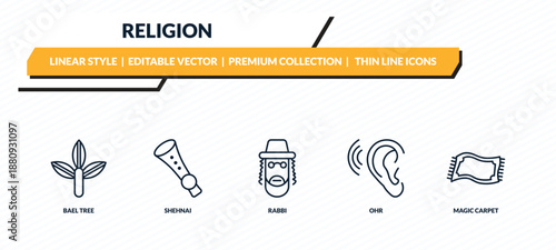 religion icons set - bael tree, shehnai, rabbi, ohr, magic carpet outline vector collection.