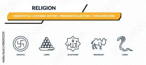 religion icons set - swastica, laddu, allah word, dromedary, cobra outline vector collection.