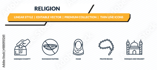 religion icons set - sadaqah charity, ramadan fasting, hijab, prayer beads, mosque and minaret outline vector collection.