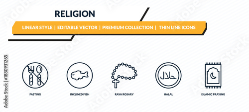 religion icons set - fasting, inclined fish, raya rosary, halal, islamic praying carpet outline vector collection.