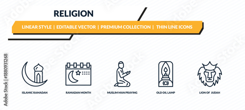 religion icons set - islamic ramadan, ramadan month, muslim man praying, old oil lamp, lion of judah outline vector collection.