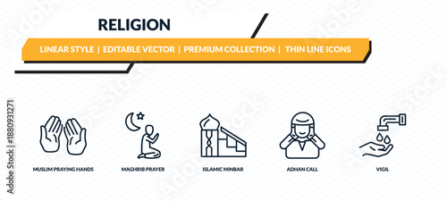 religion icons set - muslim praying hands, maghrib prayer, islamic minbar, adhan call, vigil outline vector collection.