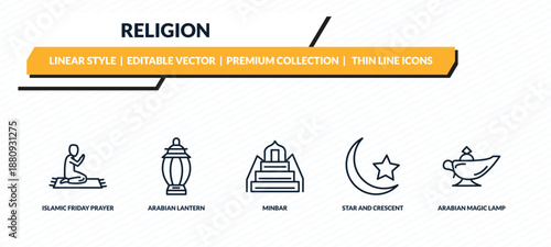 religion icons set - islamic friday prayer, arabian lantern, minbar, star and crescent moon, arabian magic lamp outline vector collection.