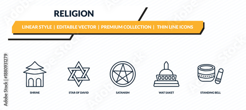 religion icons set - shrine, star of david, satanism, wat saket, standing bell outline vector collection.