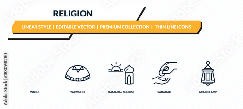 religion icons set - wudu, yarmulke, ramadan sunrise, sadaqah, arabic lamp outline vector collection.