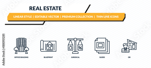 real estate icons set - office building, blueprint, juridical, slides, or outline vector collection.