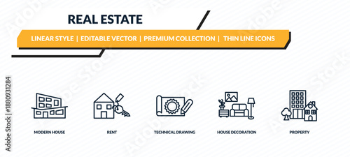 real estate icons set - modern house, rent, technical drawing, house decoration, property outline vector collection.