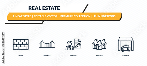 real estate icons set - wall, bridges, tenant, houses, garage outline vector collection.