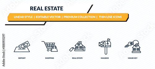 real estate icons set - deposit, shopping, real estate, mailbox, house key outline vector collection.