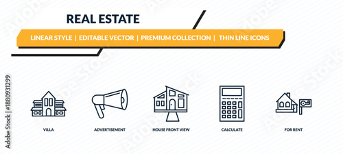 real estate icons set - villa, advertisement, house front view, calculate, for rent outline vector collection.