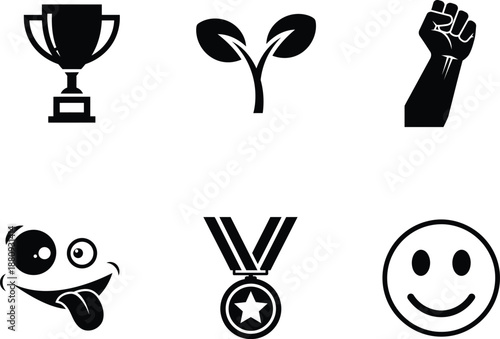 Black and white icons of trophy plant fist face medal and smiley face