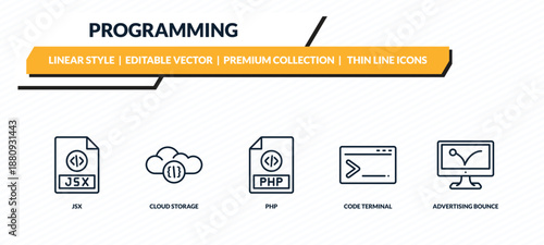 programming icons set - jsx, cloud storage, php, code terminal, advertising bounce outline vector collection.