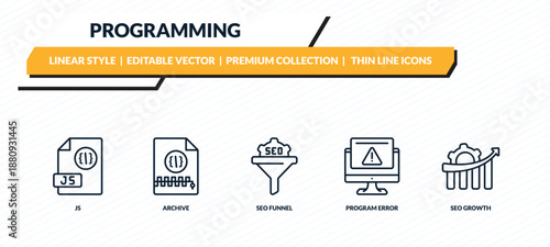 programming icons set - js, archive, seo funnel, program error, seo growth outline vector collection.
