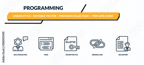 programming icons set - seo consulting, page, encripted file, broken link, seo report outline vector collection.