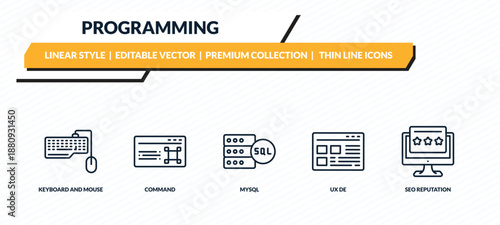 programming icons set - keyboard and mouse, command, mysql, ux de, seo reputation outline vector collection.