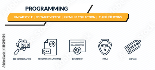 programming icons set - seo configuration, programming language, bug report, html5, seo tags outline vector collection.