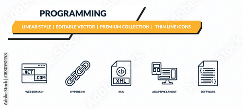 programming icons set - web domain, hyperlink, xml, adaptive layout, software outline vector collection.