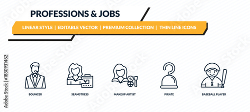 professions & jobs icons set - bouncer, seamstress, makeup artist, pirate, baseball player outline vector collection.