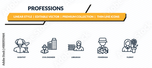 professions icons set - scientist, civil engineer, librarian, fisherman, florist outline vector collection.