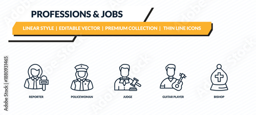 professions & jobs icons set - reporter, policewoman, judge, guitar player, bishop outline vector collection.