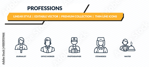 professions icons set - journalist, office worker, photographer, stewardess, waiter outline vector collection.