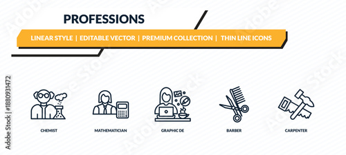 professions icons set - chemist, mathematician, graphic de, barber, carpenter outline vector collection.