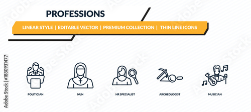 professions icons set - politician, nun, hr specialist, archeologist, musician outline vector collection.