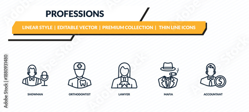 professions icons set - showman, orthodontist, lawyer, mafia, accountant outline vector collection.
