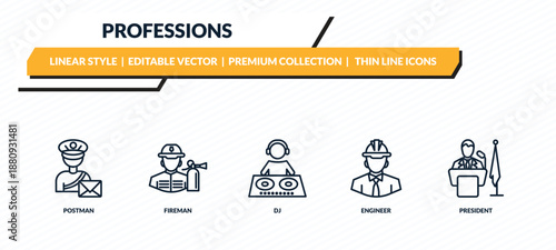 professions icons set - postman, fireman, dj, engineer, president outline vector collection.